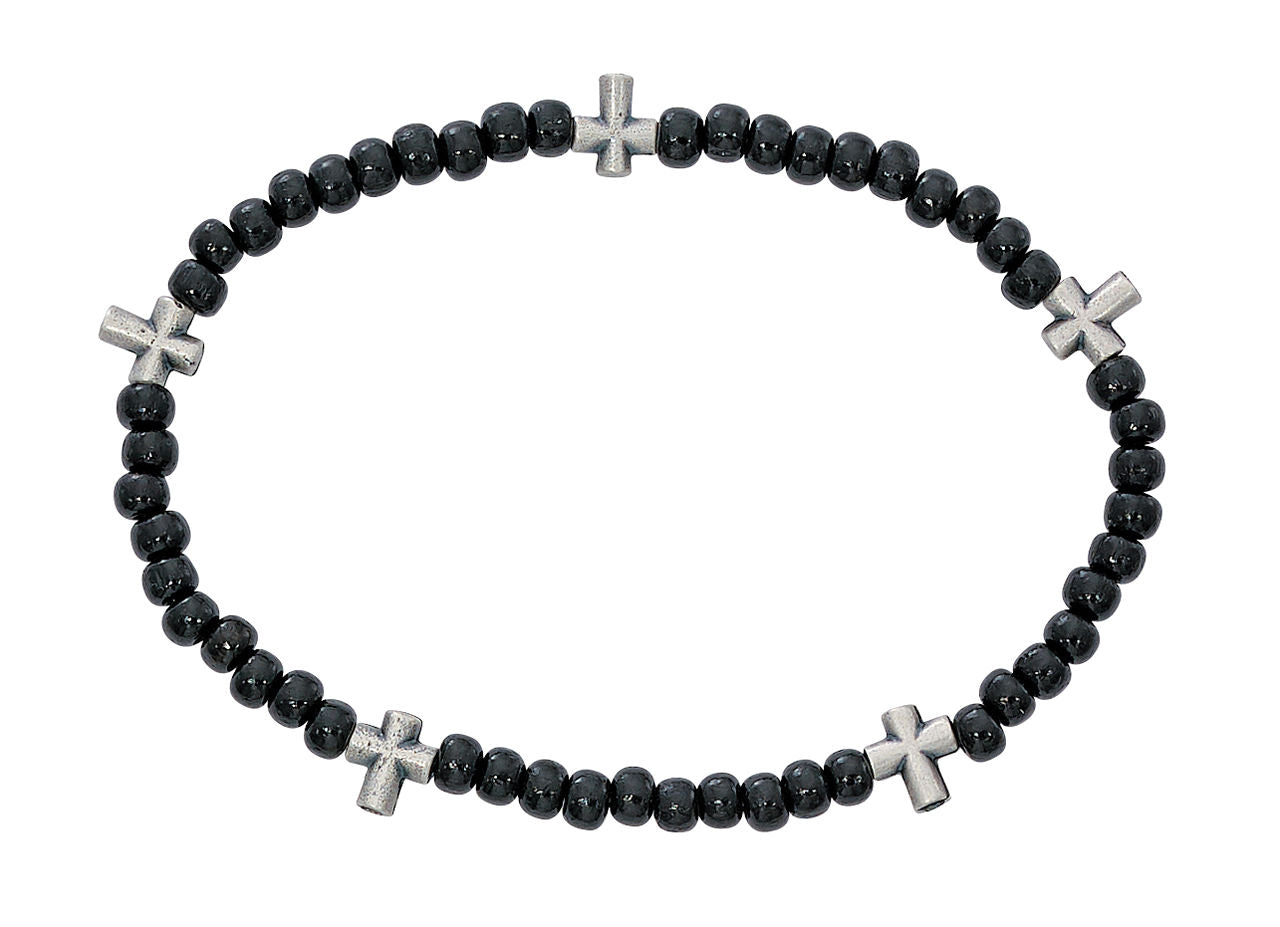Stretch Rosary Bracelet with Alternating Cross and 5mm Black Wood Beads 8' for Women