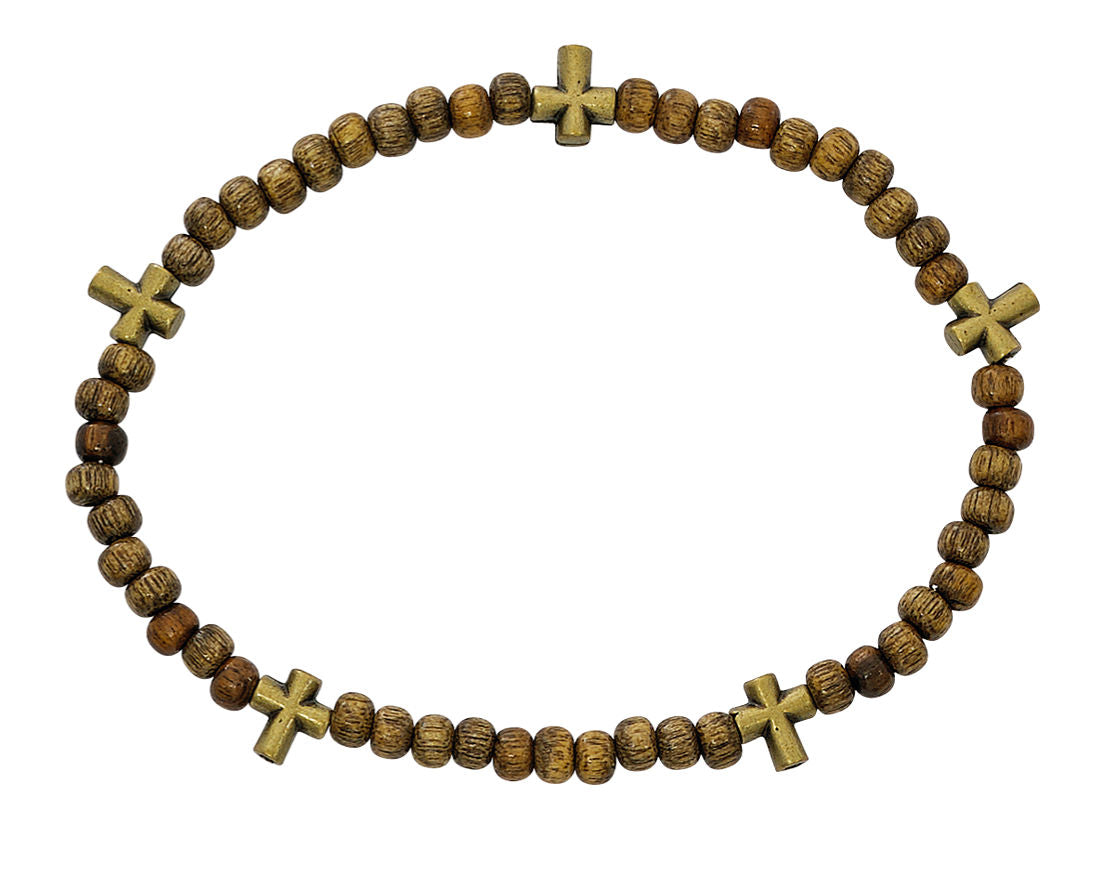 Stretch Rosary Bracelet with Alternating Cross and 5mm Light Brow Wood Beads 8" for Men