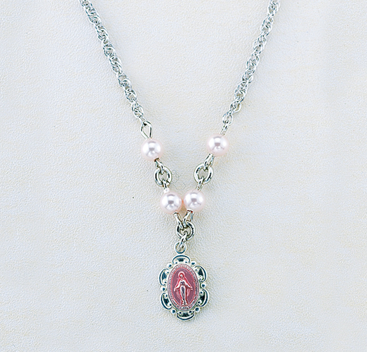Miraculous Medal Necklace with Pink Swarovski Crystal Pearls, Sterling Silver