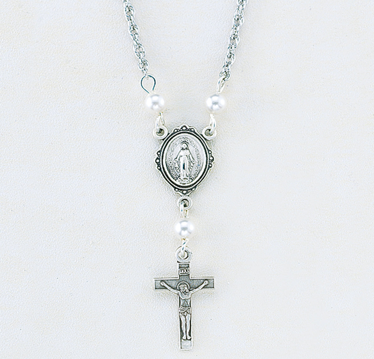 Miraculous Medal Necklace with White Swarovski Crystal Pearls, Sterling Silver