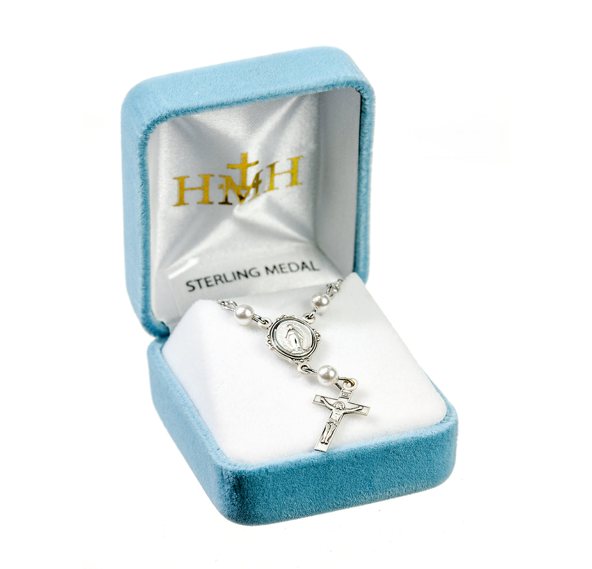 Miraculous Medal Necklace with White Swarovski Crystal Pearls, Sterling Silver
