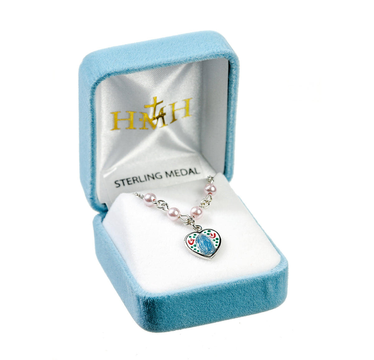 Pink Enameled Miraculous Medal Necklace with Pink Swarovski Crystal Pearls, Sterling Silver