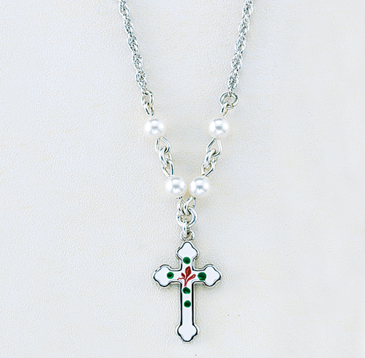 Enameled Cross Necklace with White Swarovski Crystal Pearls, Sterling Silver