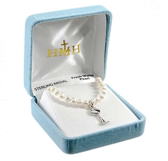 First Holy Communion Pearl Necklace with Sterling Silver Chalice Pendant