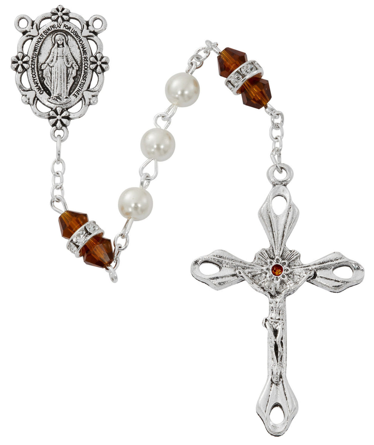 November Birthstone Rosary Topaz Pearl Glass