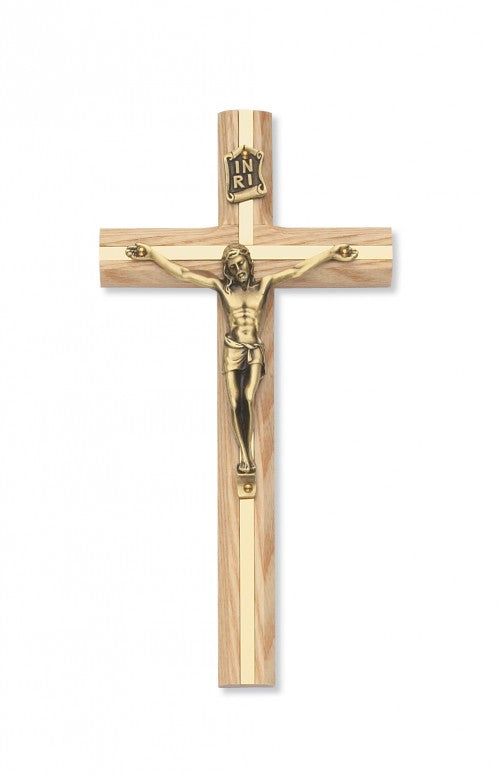 Oak Crucifix with Gold-Tone Inlay 8 inch beveled