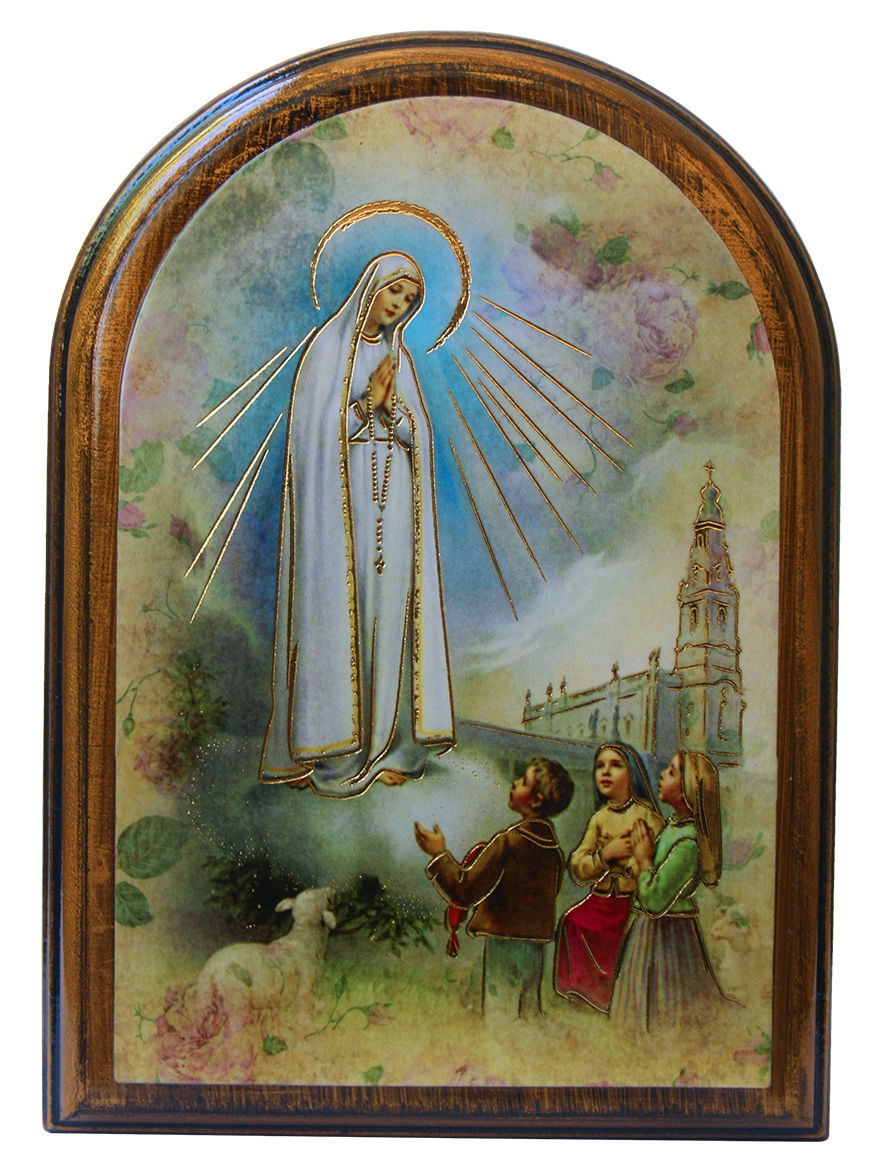 Our Lady of Fatima 3.75x5.25 Arched Wood Plaque