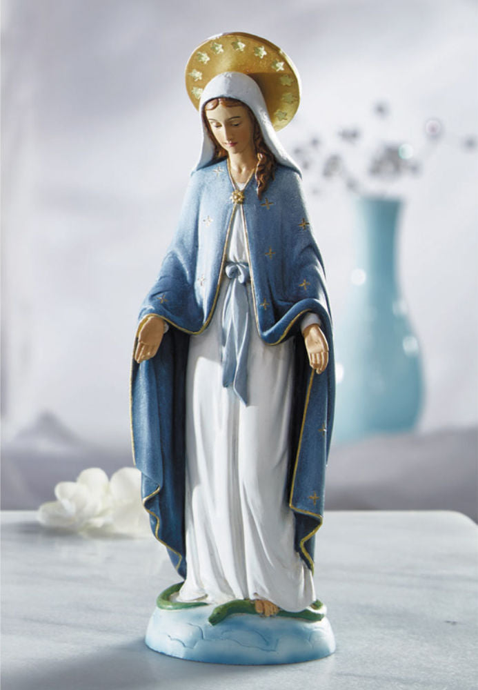 Hand painted Our Lady of Grace with golden halo and blue mantle