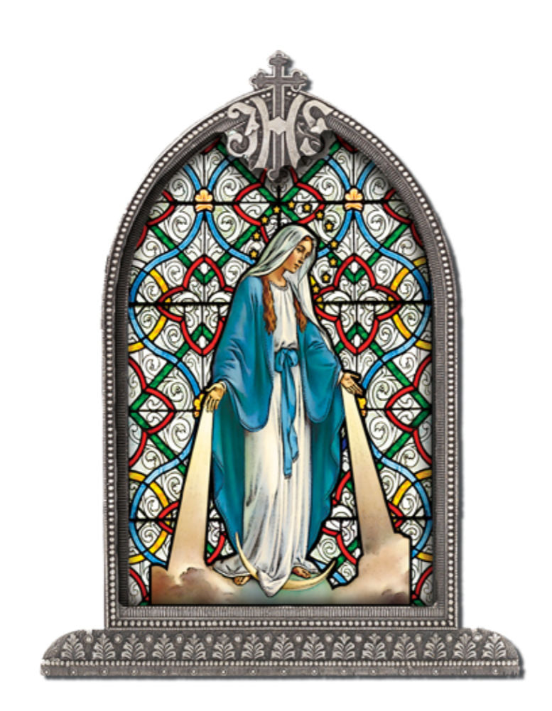 Our Lady of Grace Glass Art in Arched Frame