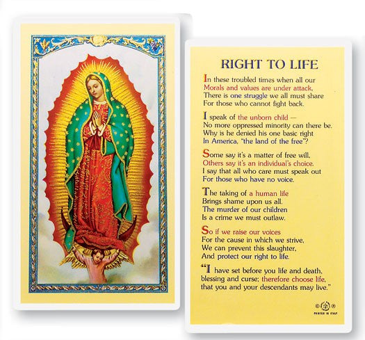 Our Lady of Guadalupe Right to Life Laminated Prayer Card