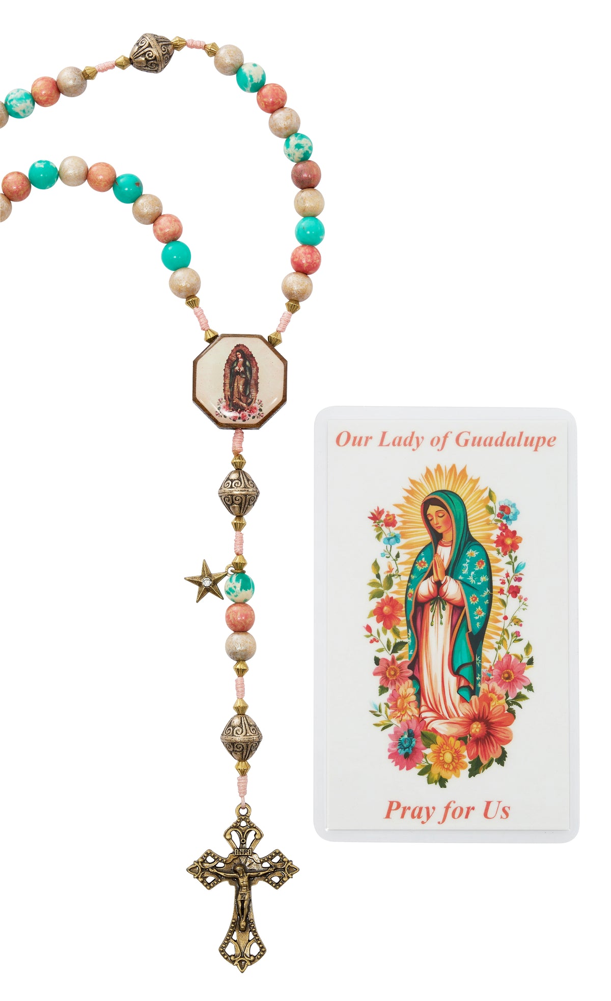 Colorful Wood Our Lady of Guadalupe Rosary with Holy Card