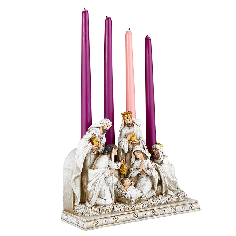 Nativity Advent Candle Holder – Holy Family & Wise Men Scene | Resin | 10" W x 8" H x 3.75" D | Christmas Centerpiece