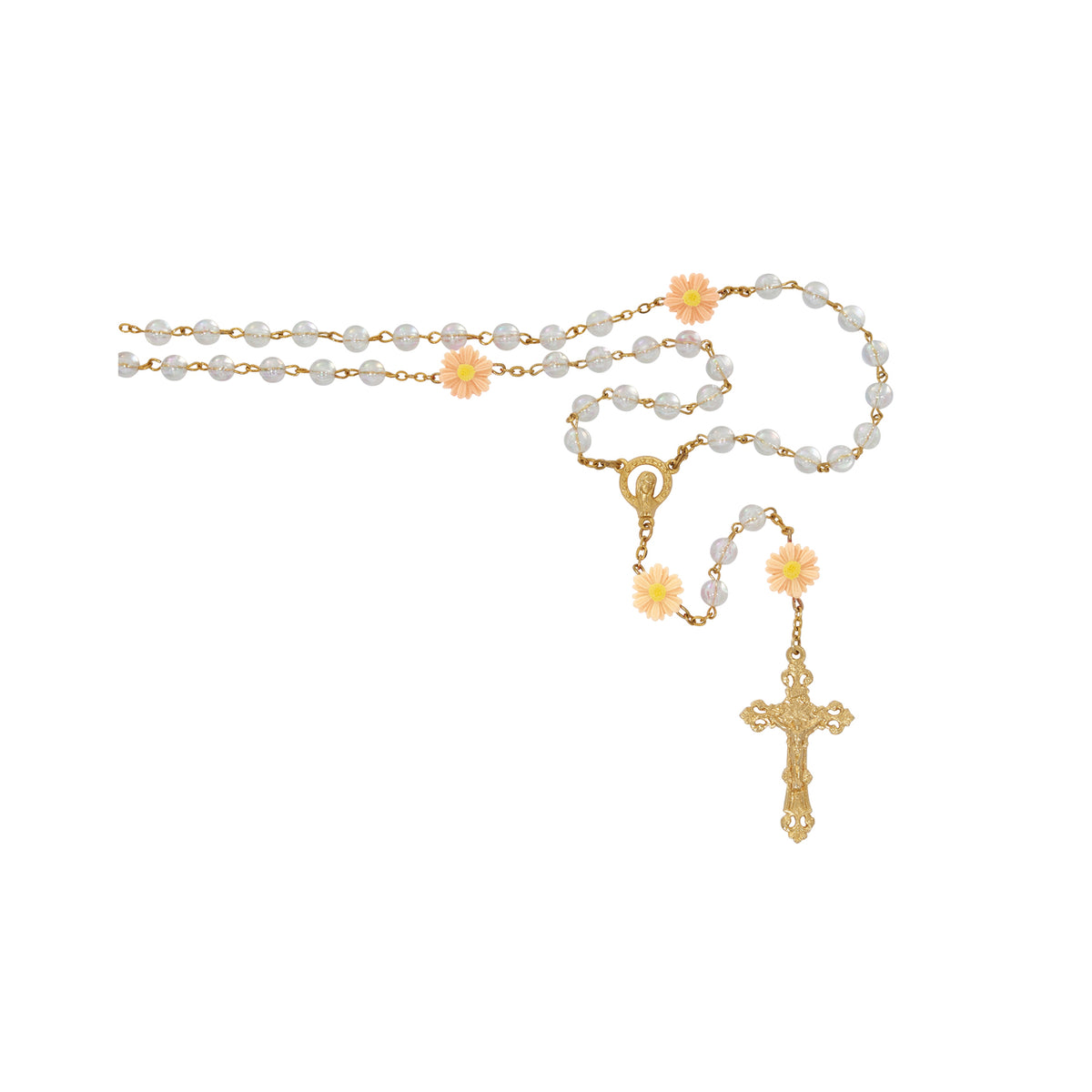 Gold Crystal Rosary with Peach Flower Our Father Beads