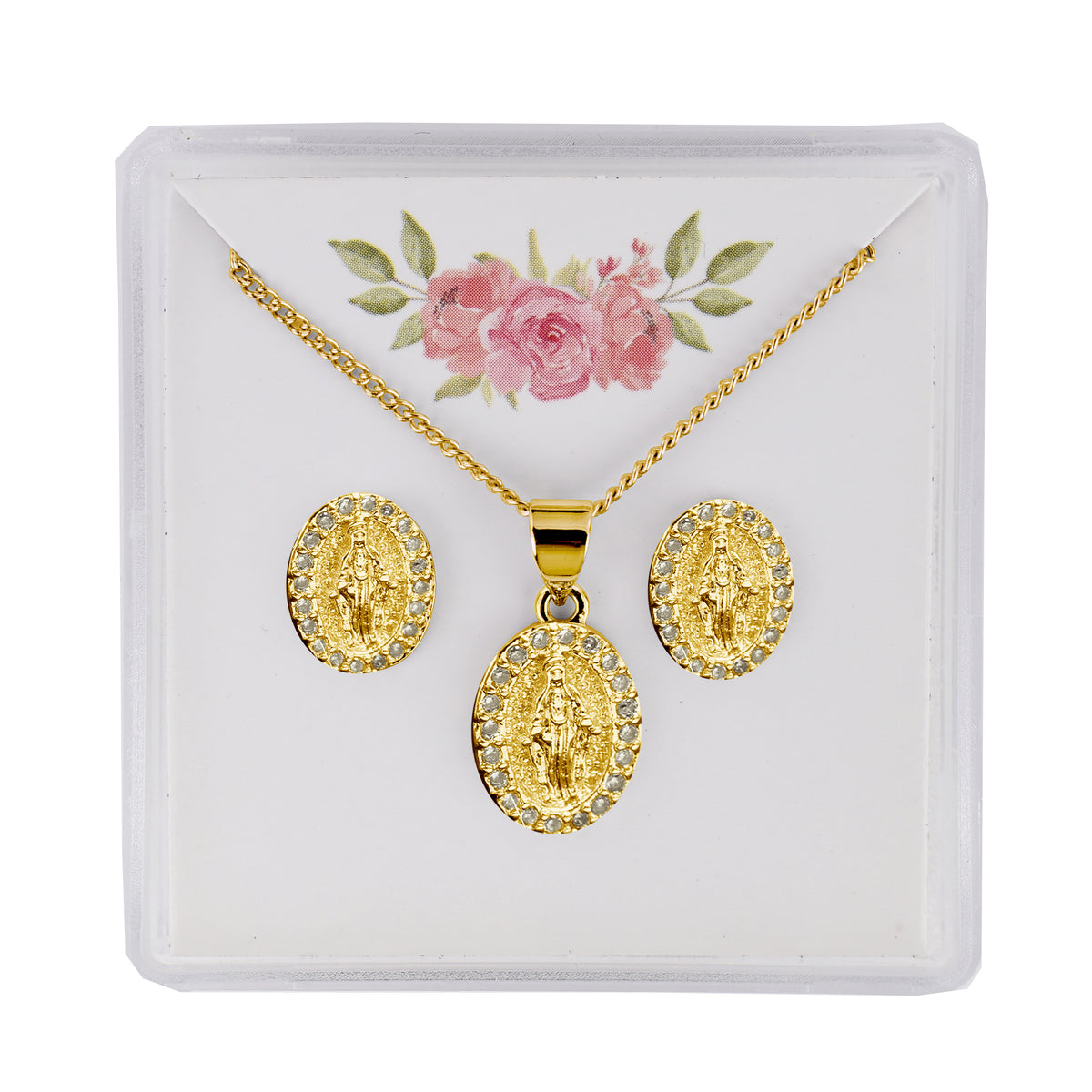 Crystal Miraculous Medal Earring and Pendant Set
