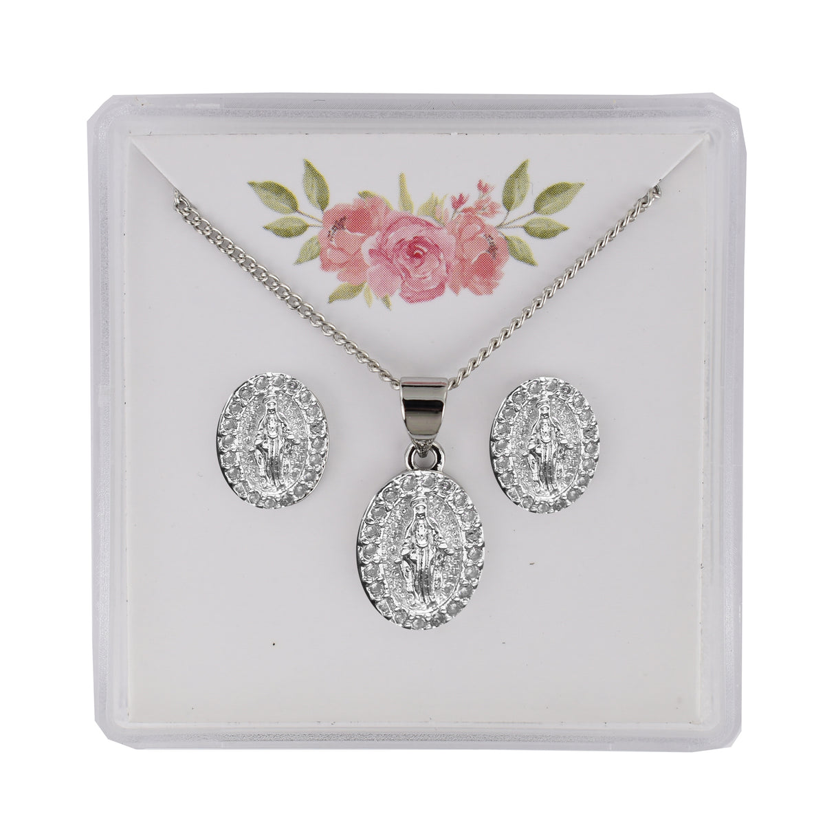 Crystal Miraculous Medal Earring and Pendant Set