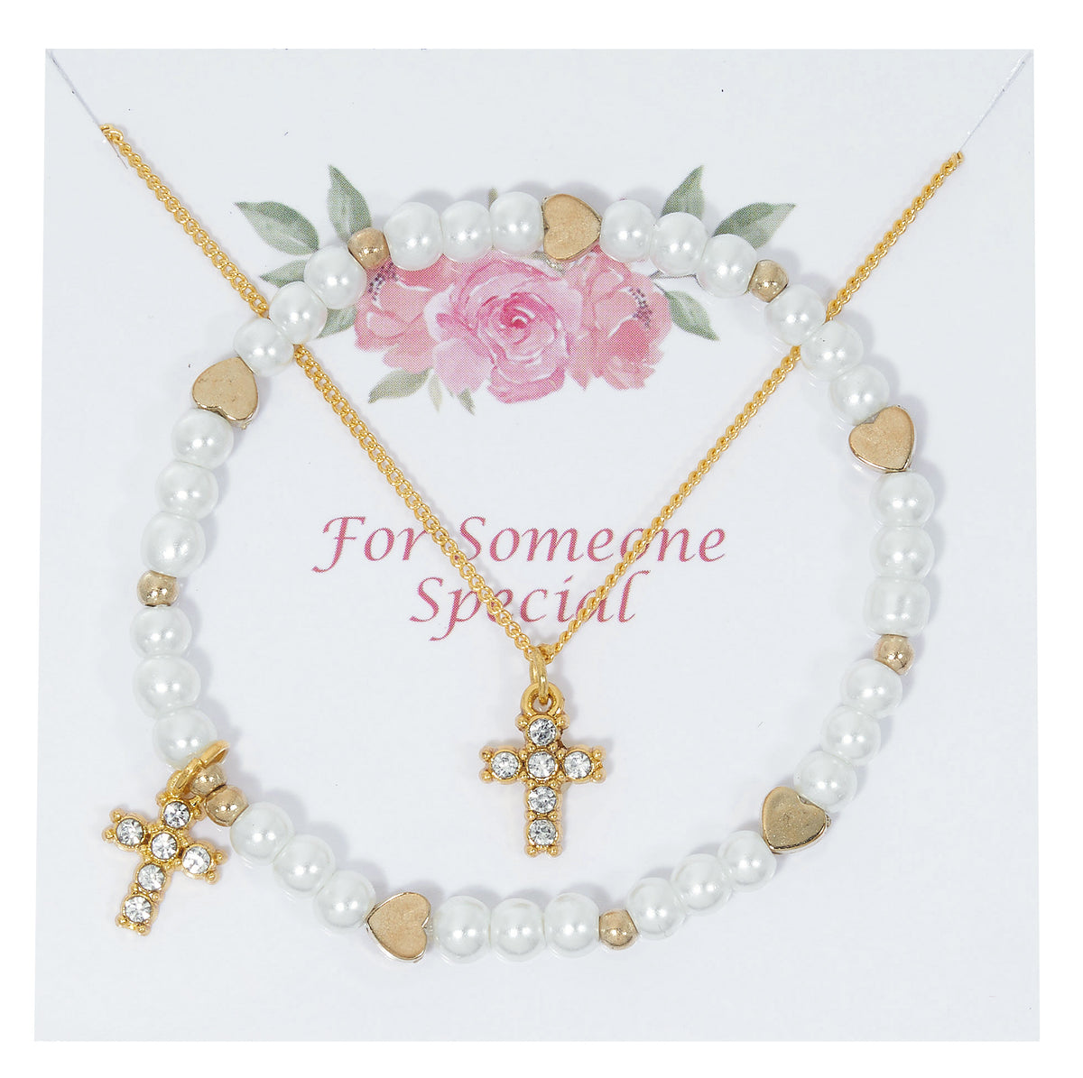Gold Pearl Bracelet and Crystal Cross Necklace Set