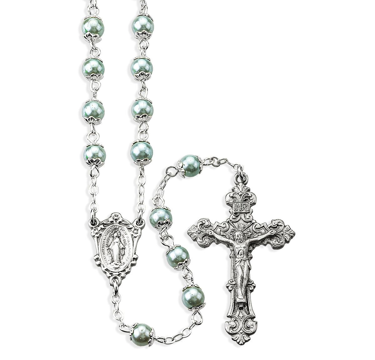 Light Blue Imitation Pearl Double Capped Rosary, Pewter Crucifix and Center