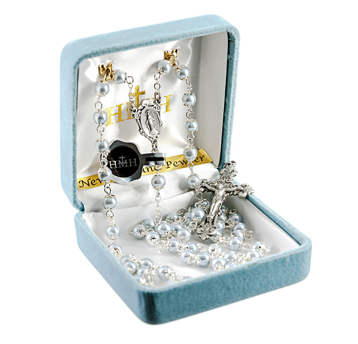 Light Blue Imitation Pearl Double Capped Rosary, Pewter Crucifix and Center