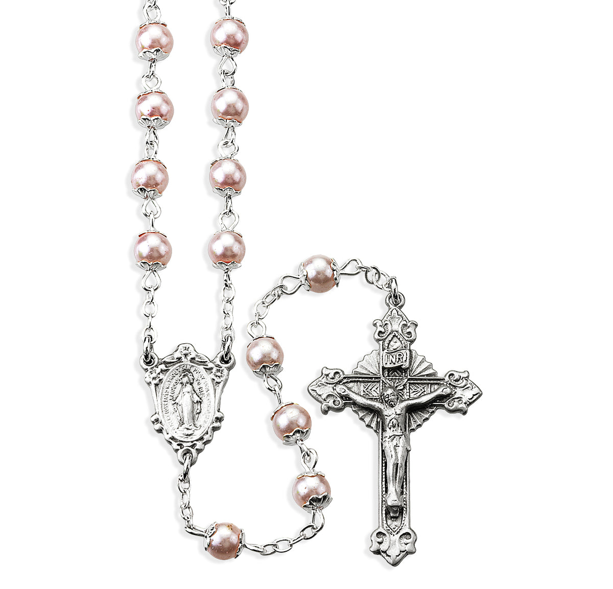 Light Pink Imitation Pearl Double Capped Rosary, Pewter Crucifix and Center