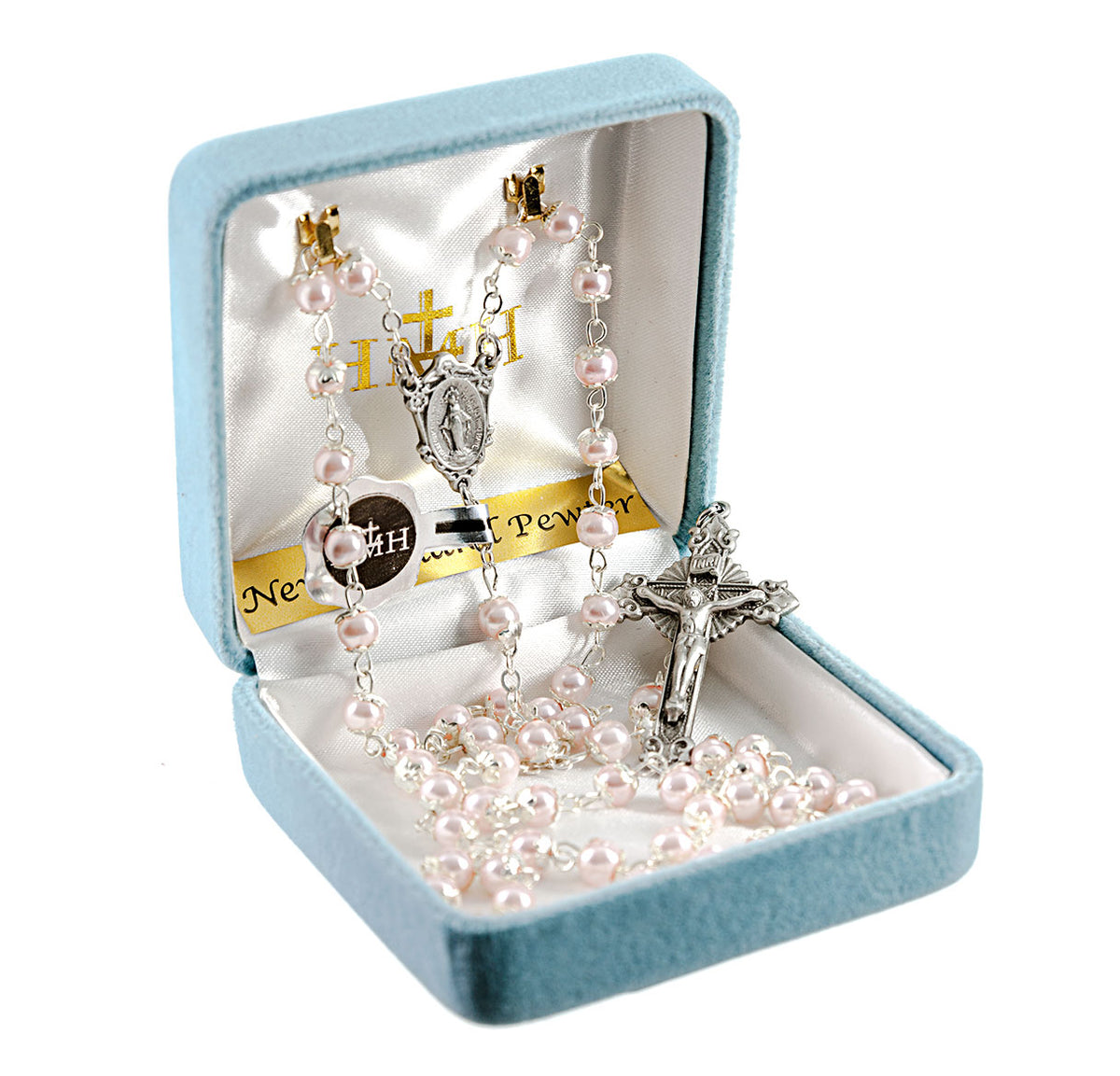 Light Pink Imitation Pearl Double Capped Rosary, Pewter Crucifix and Center