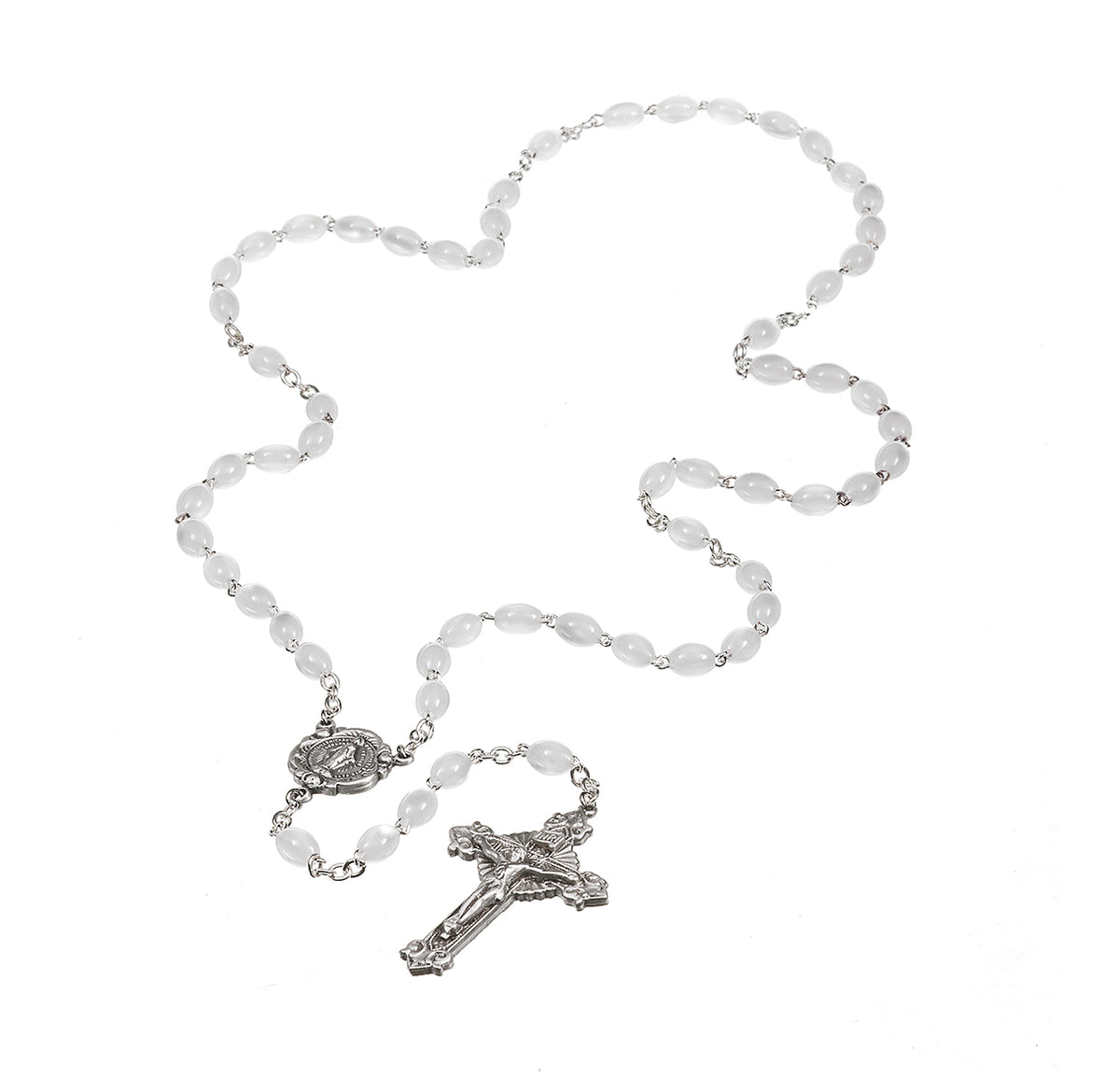 White Imitation Mother of Pearl Rosary, Pewter Crucifix and Center