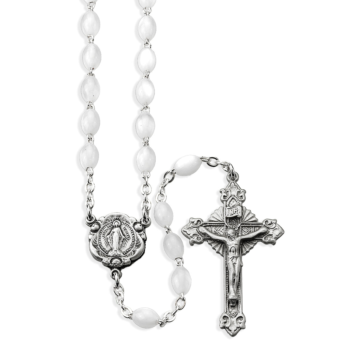 White Imitation Mother of Pearl Rosary, Pewter Crucifix and Center