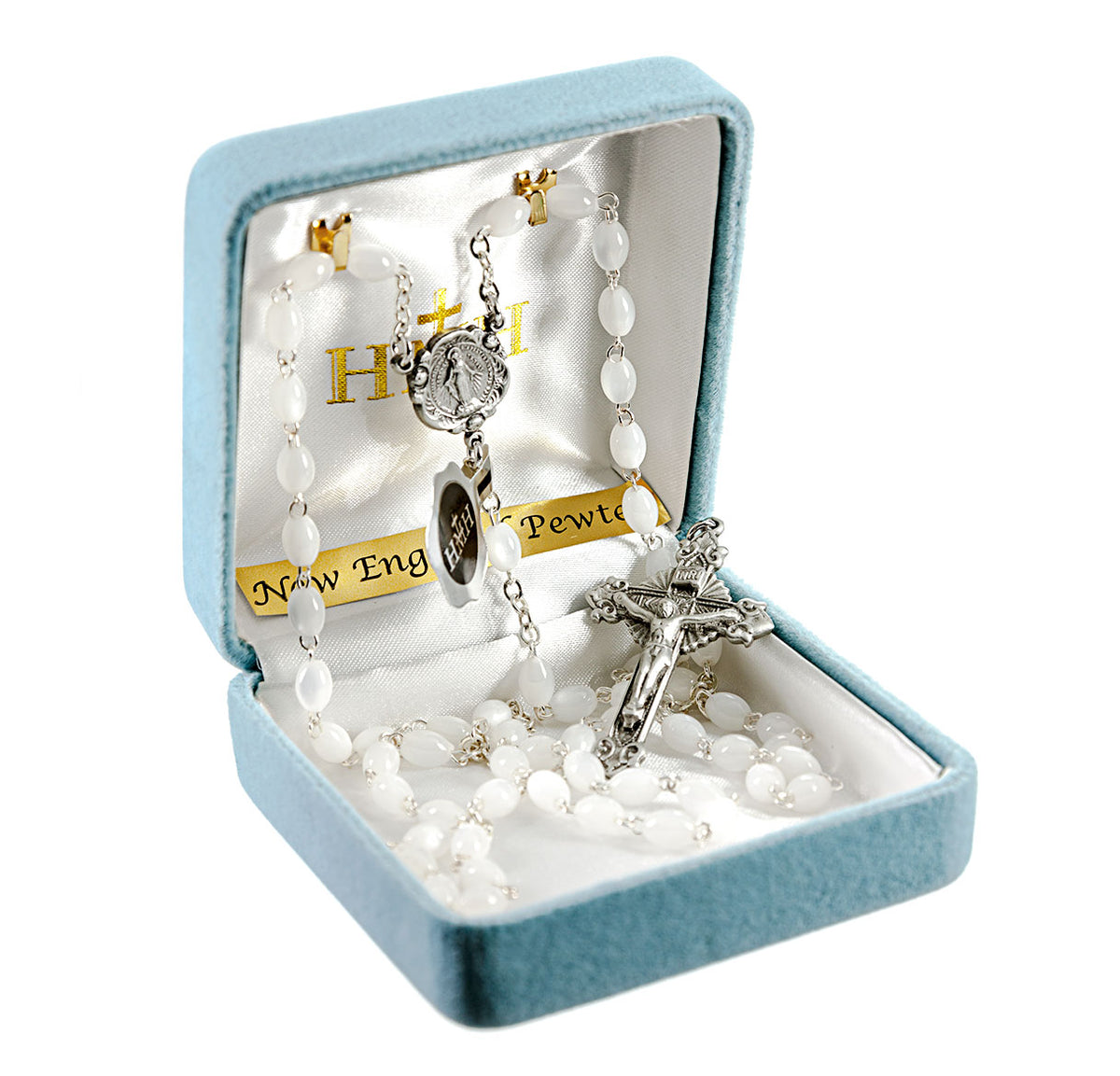 White Imitation Mother of Pearl Rosary, Pewter Crucifix and Center