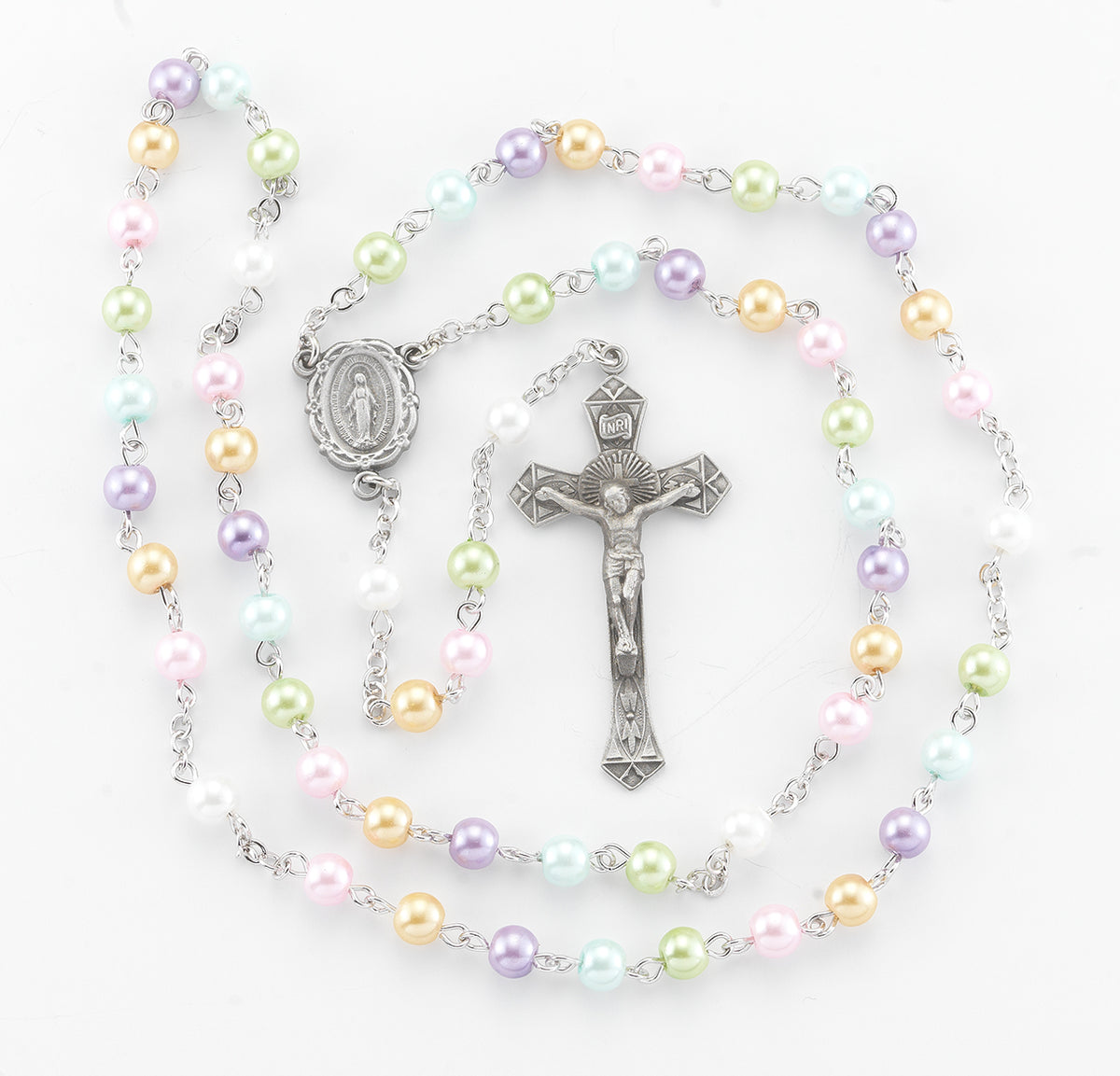 6mm Pearlized Multi-Color Bead Rosary, Pewter Crucifix and Center