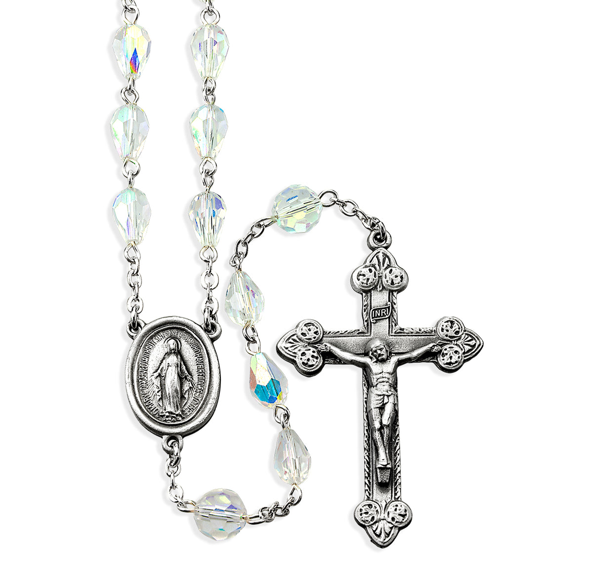 6 x 9mm Aurora Tear Shape Crystal Bead Rosary, Pewter Crucifix and Center