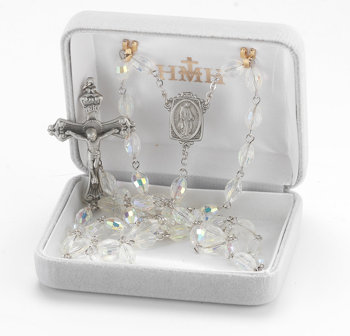 6x9mm Crystal Aurora Faceted Oval Glass Bead Rosary, Pewter Crucifix and Center