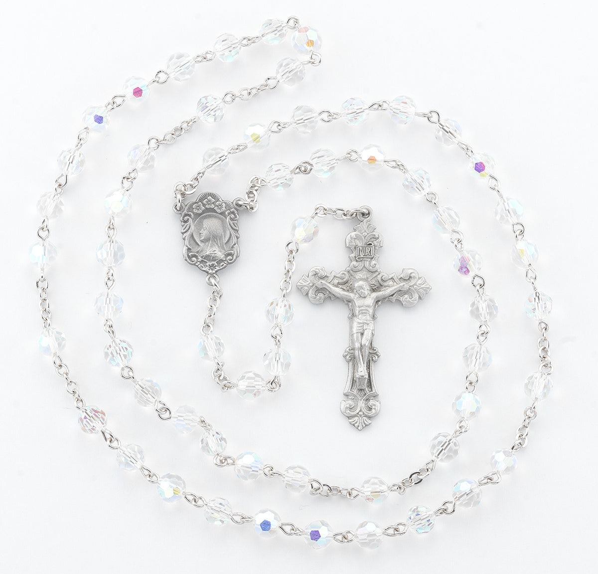 6mm Tin Cut Crystal Aurora Borealis Bead Rosary, Pewter Crucifix and Center