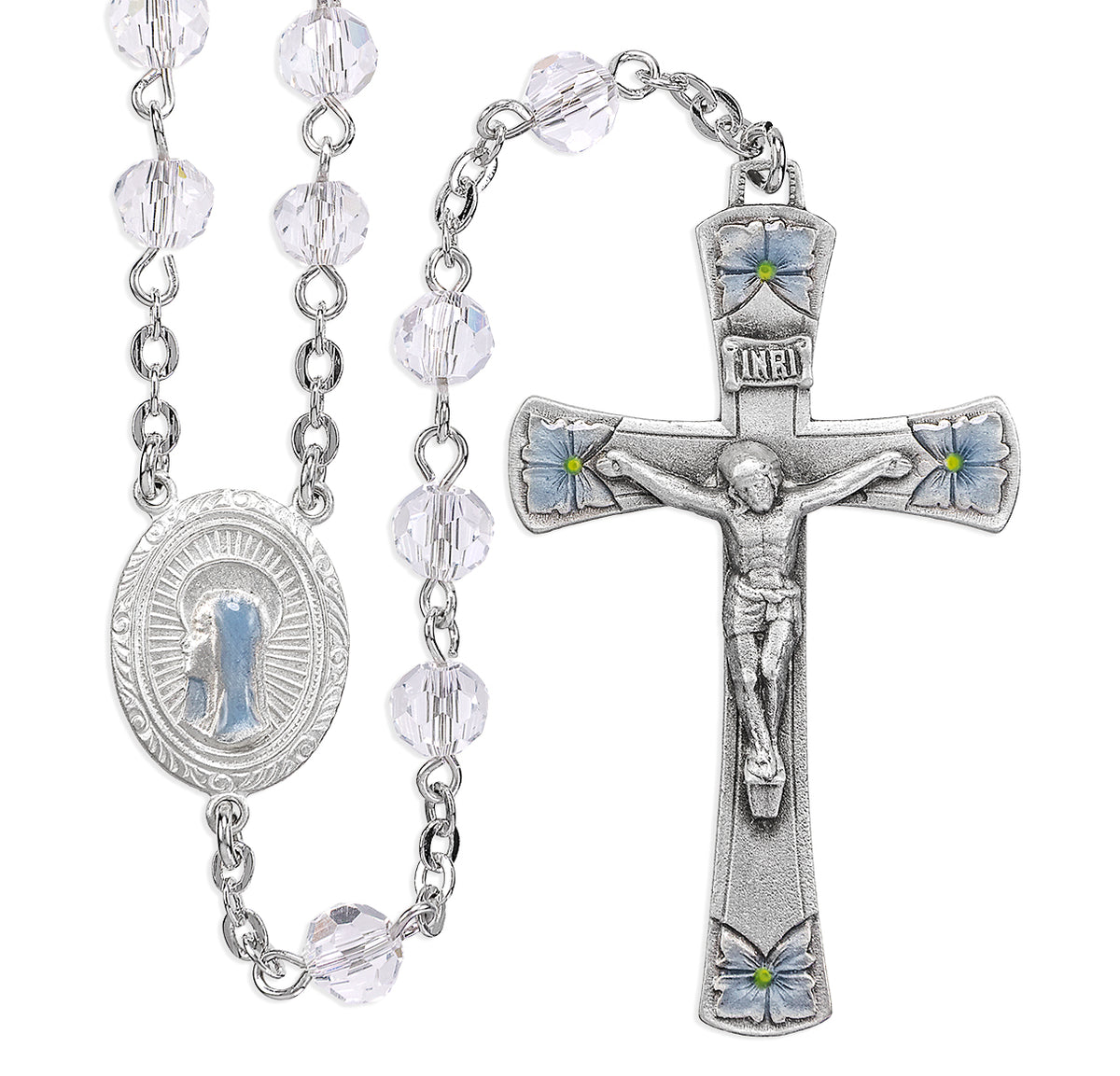6mm Crystal Bead Rosary with Blue Enameled Pewter Crucifix and Center