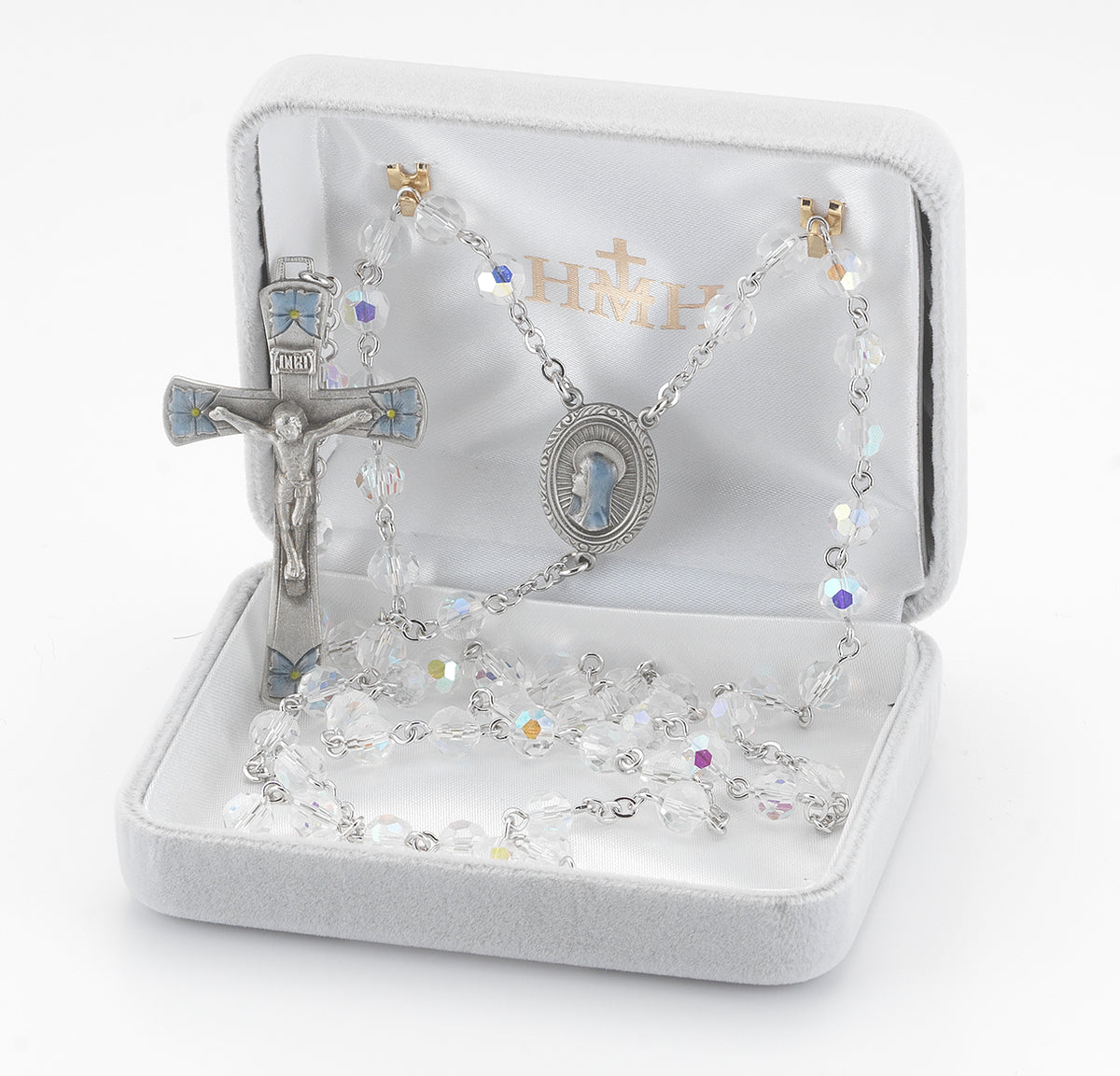 6mm Crystal Bead Rosary with Blue Enameled Pewter Crucifix and Center