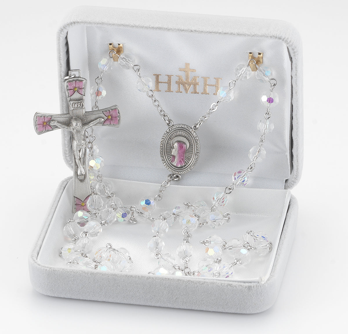 6mm Crystal Bead Rosary with Pink Enameled Pewter Crucifix and Center