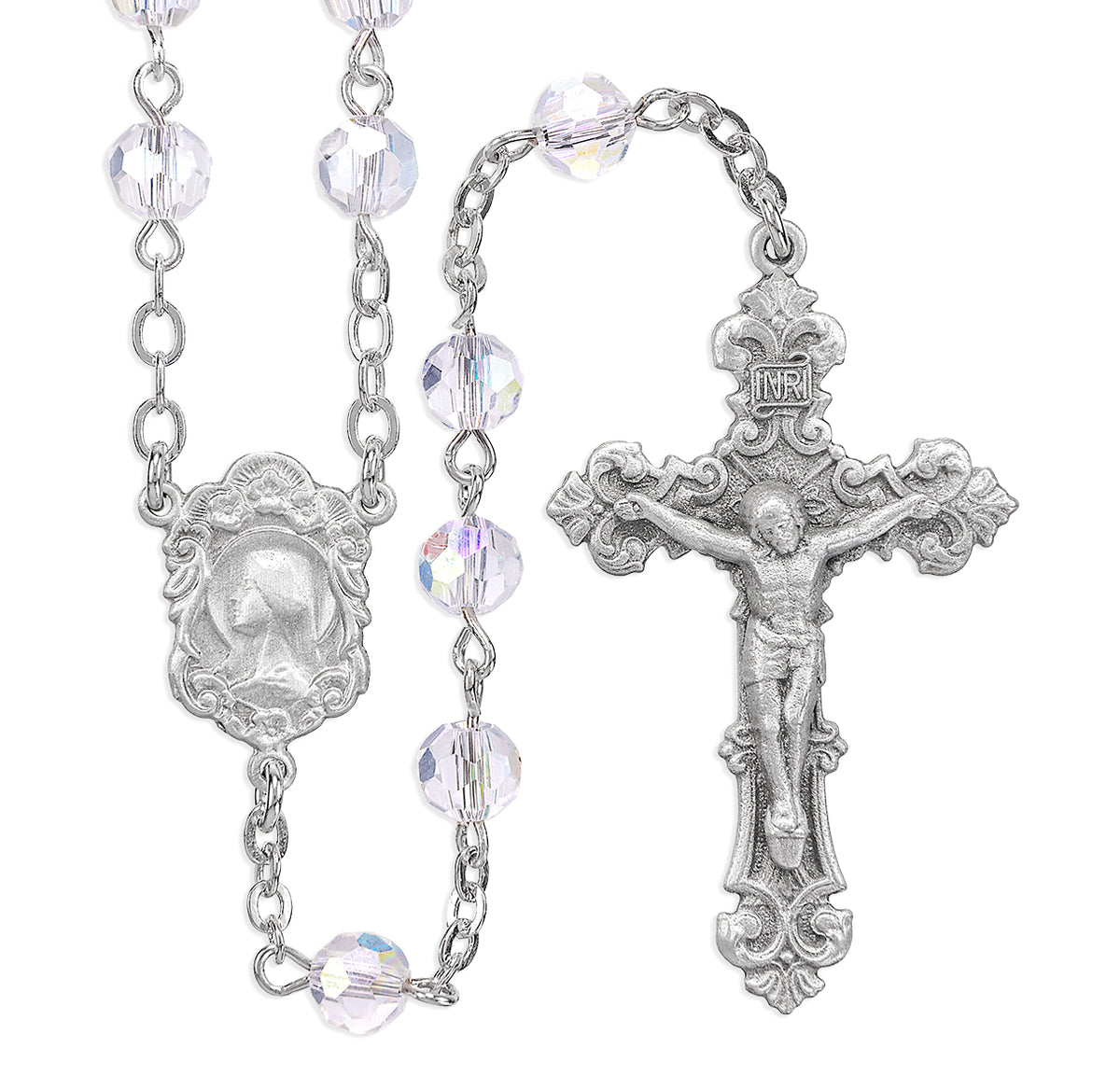 6mm Tin Cut Crystal Aurora Borealis Bead Rosary, Pewter Crucifix and Center