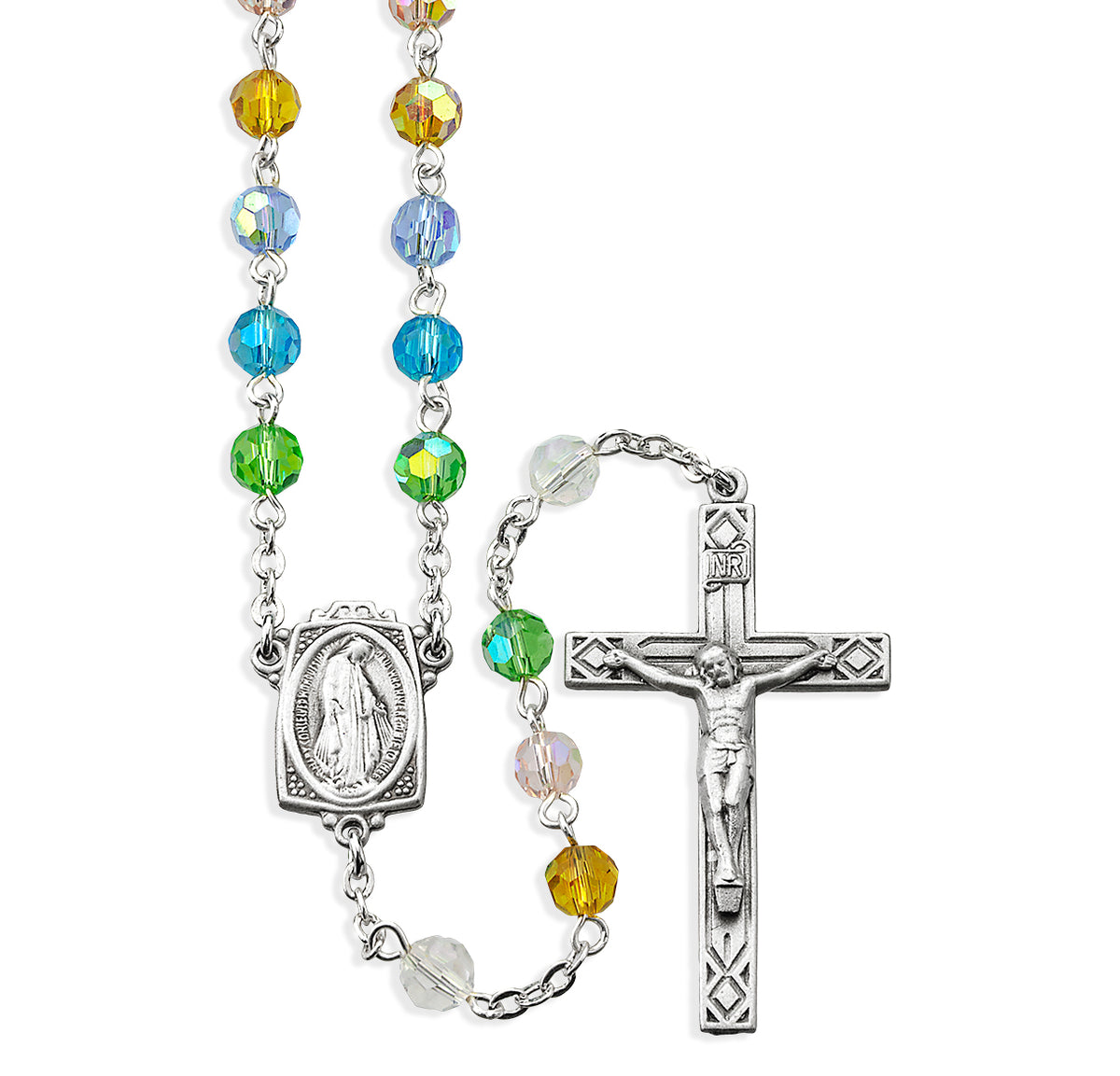 6mm Multi-Color Crystal Bead Rosary, Pewter Crucifix and Center