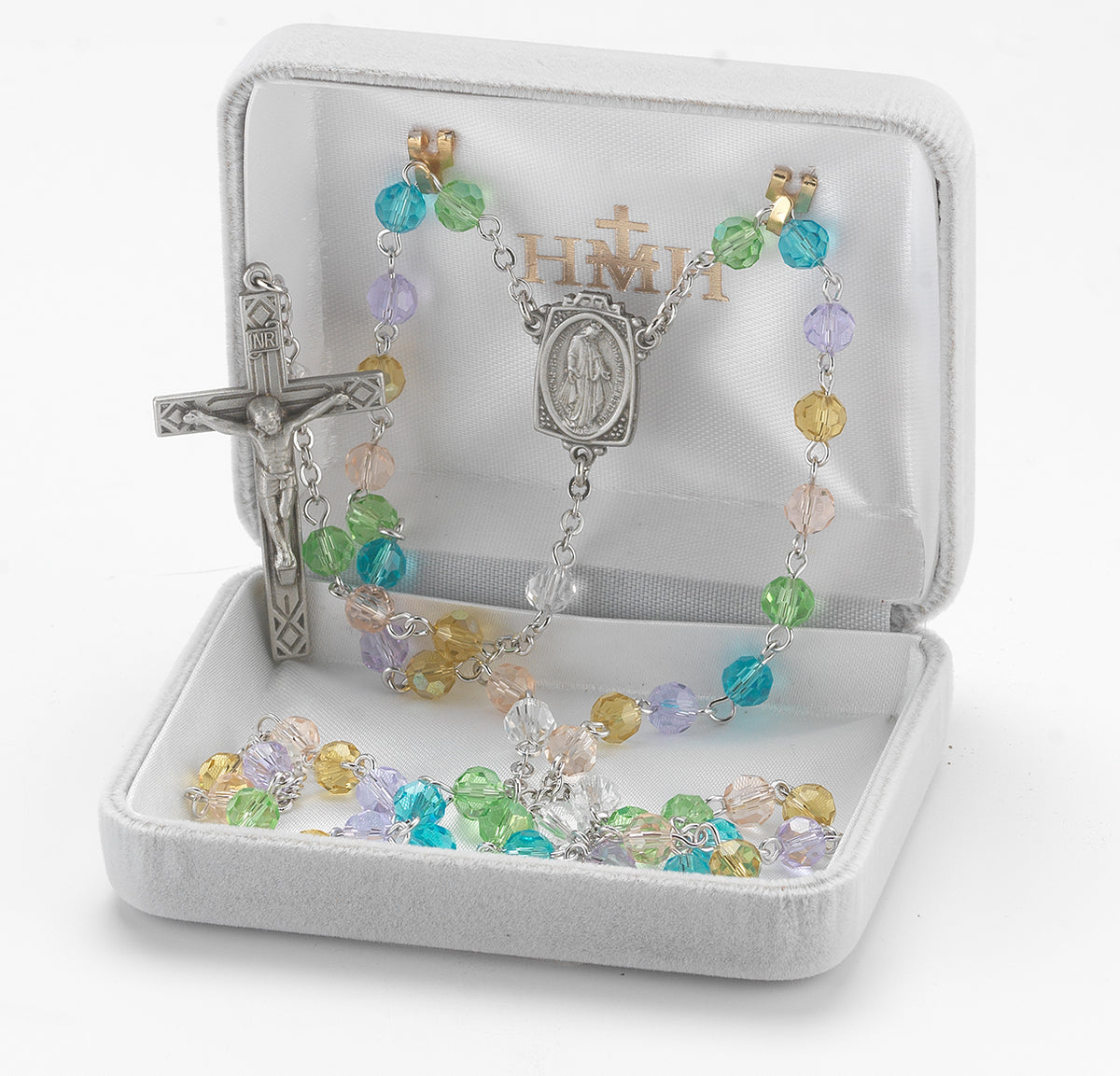 6mm Multi-Color Crystal Bead Rosary, Pewter Crucifix and Center