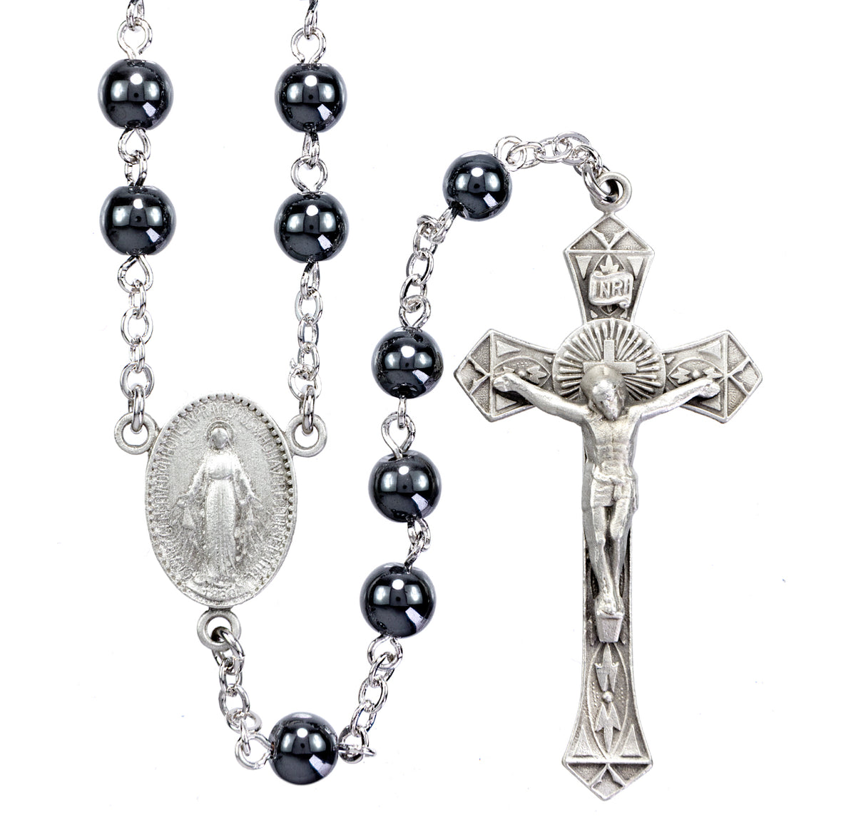 6mm Hematite Bead Rosary, Pewter Crucifix and Center