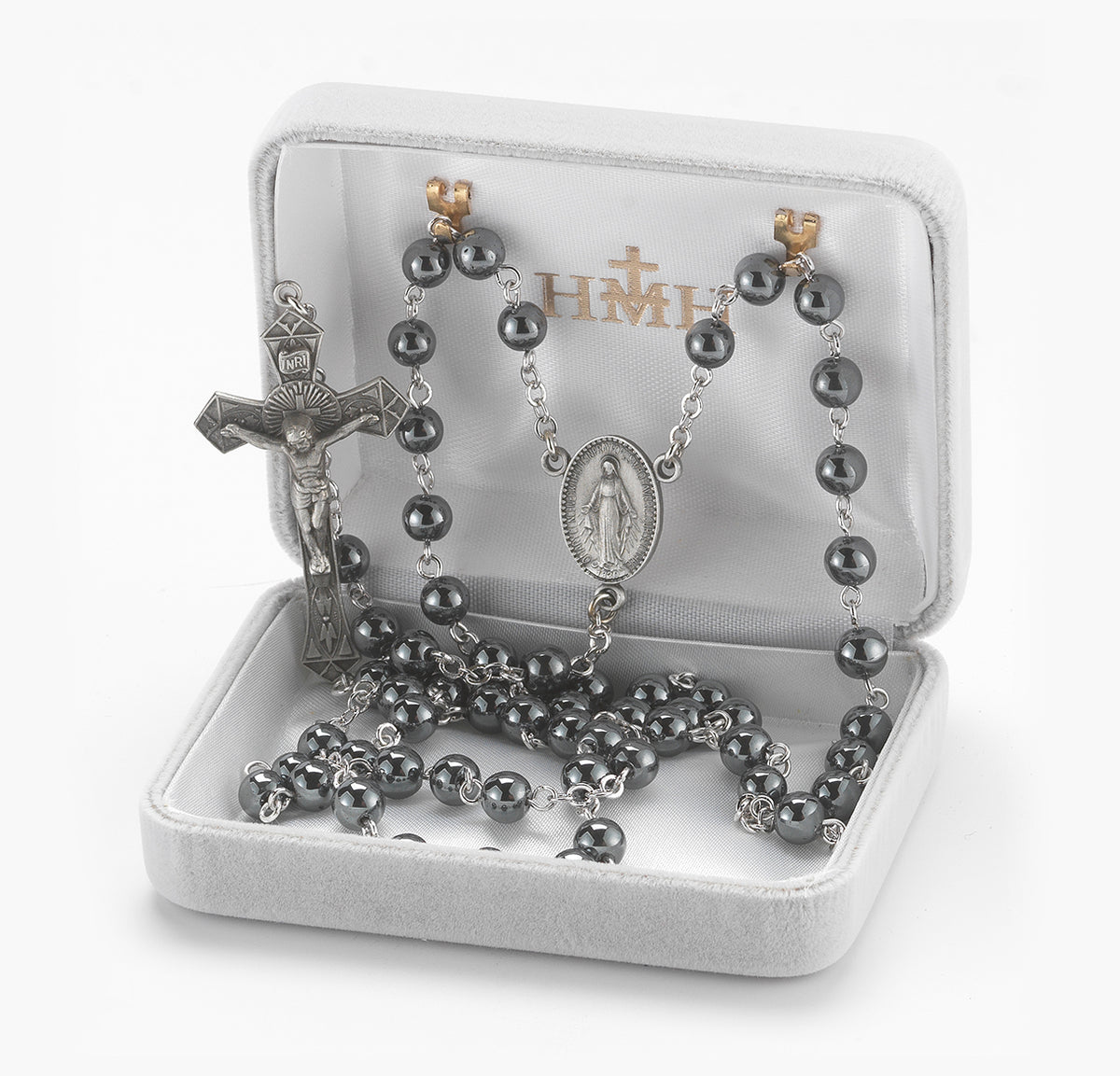 6mm Hematite Bead Rosary, Pewter Crucifix and Center