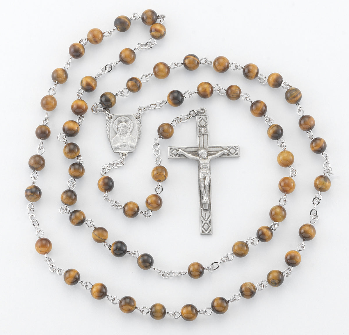 6mm Tiger Eye Gemstone Bead Rosary, Pewter Crucifix and Center