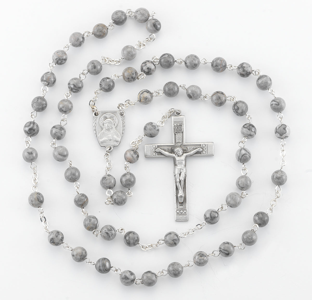 6mm Lime Gemstone Bead Rosary, Pewter Crucifix and Center