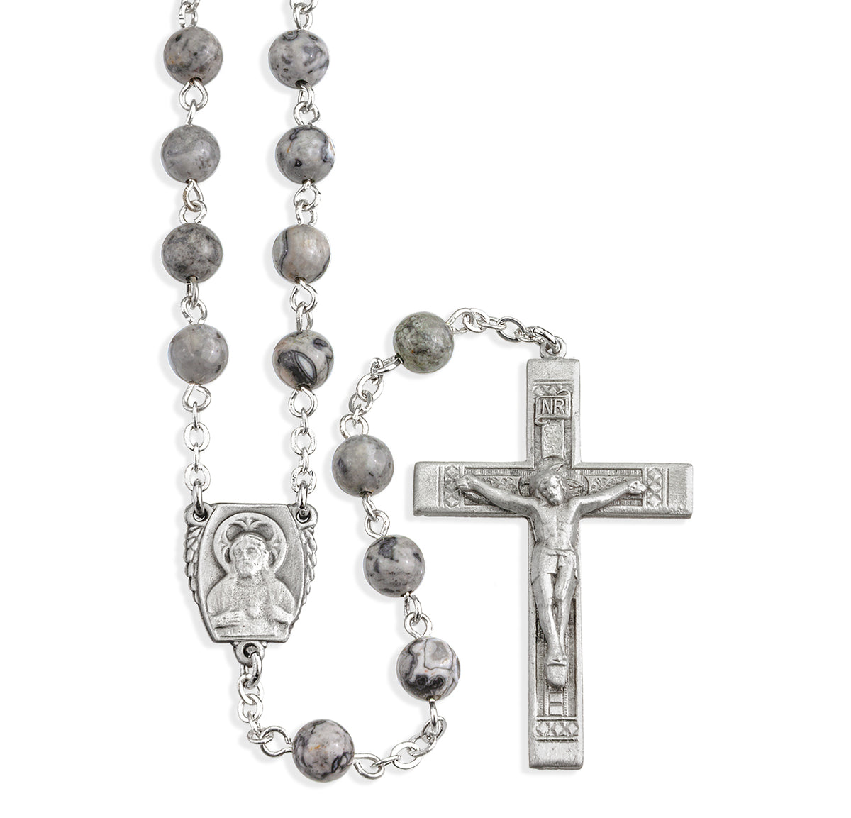 6mm Lime Gemstone Bead Rosary, Pewter Crucifix and Center
