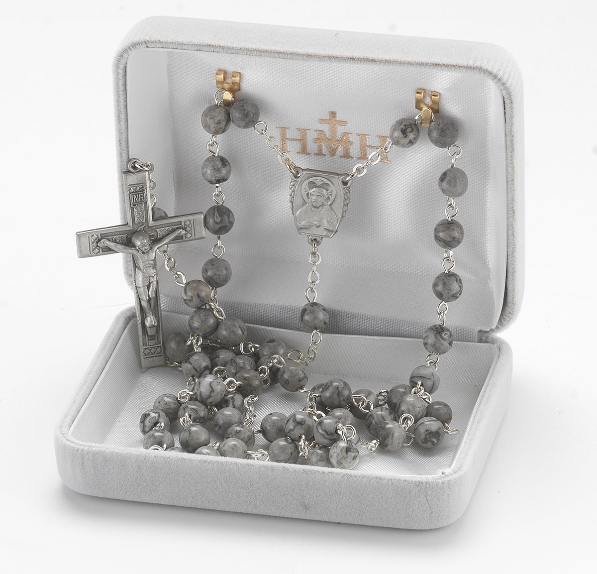 6mm Lime Gemstone Bead Rosary, Pewter Crucifix and Center