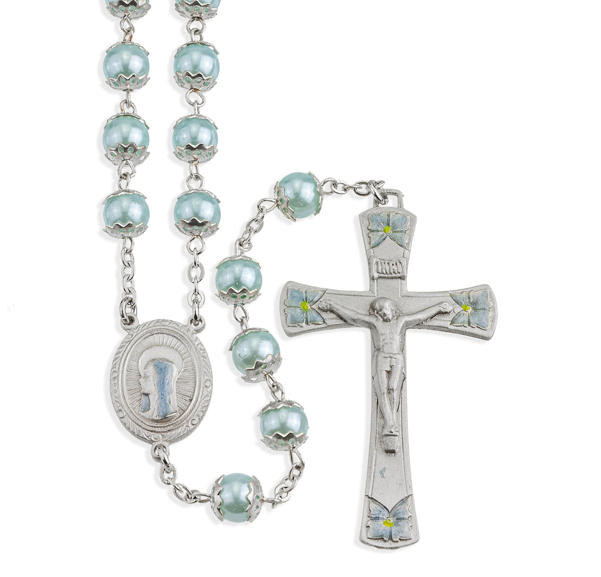 8mm Blue Glass Capped Bead Rosary with Blue Enameled Pewter Crucifix and Center