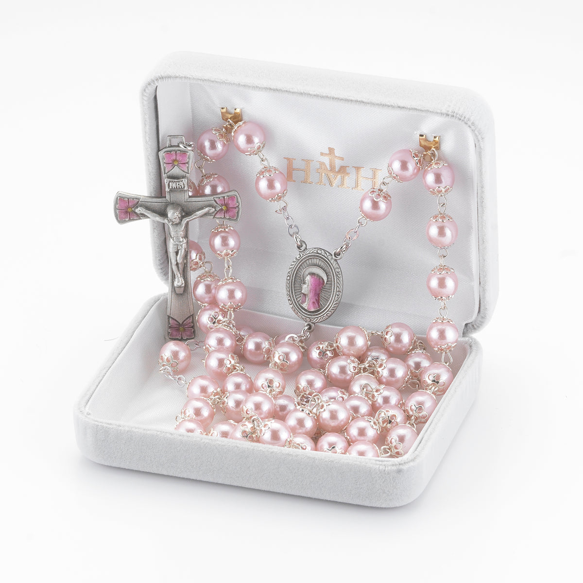 8mm Pink Glass Capped Bead Rosary with Pink Enameled Pewter Crucifix and Center