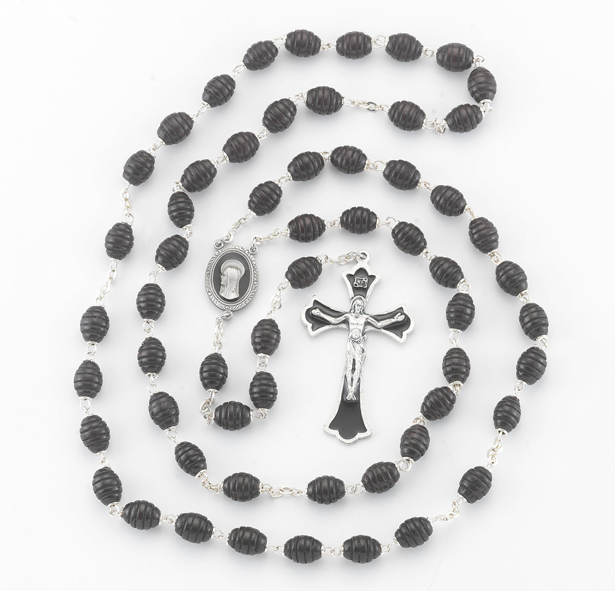 Black Beehive Boxwood Rosary with Enameled Pewter Crucifix and Center