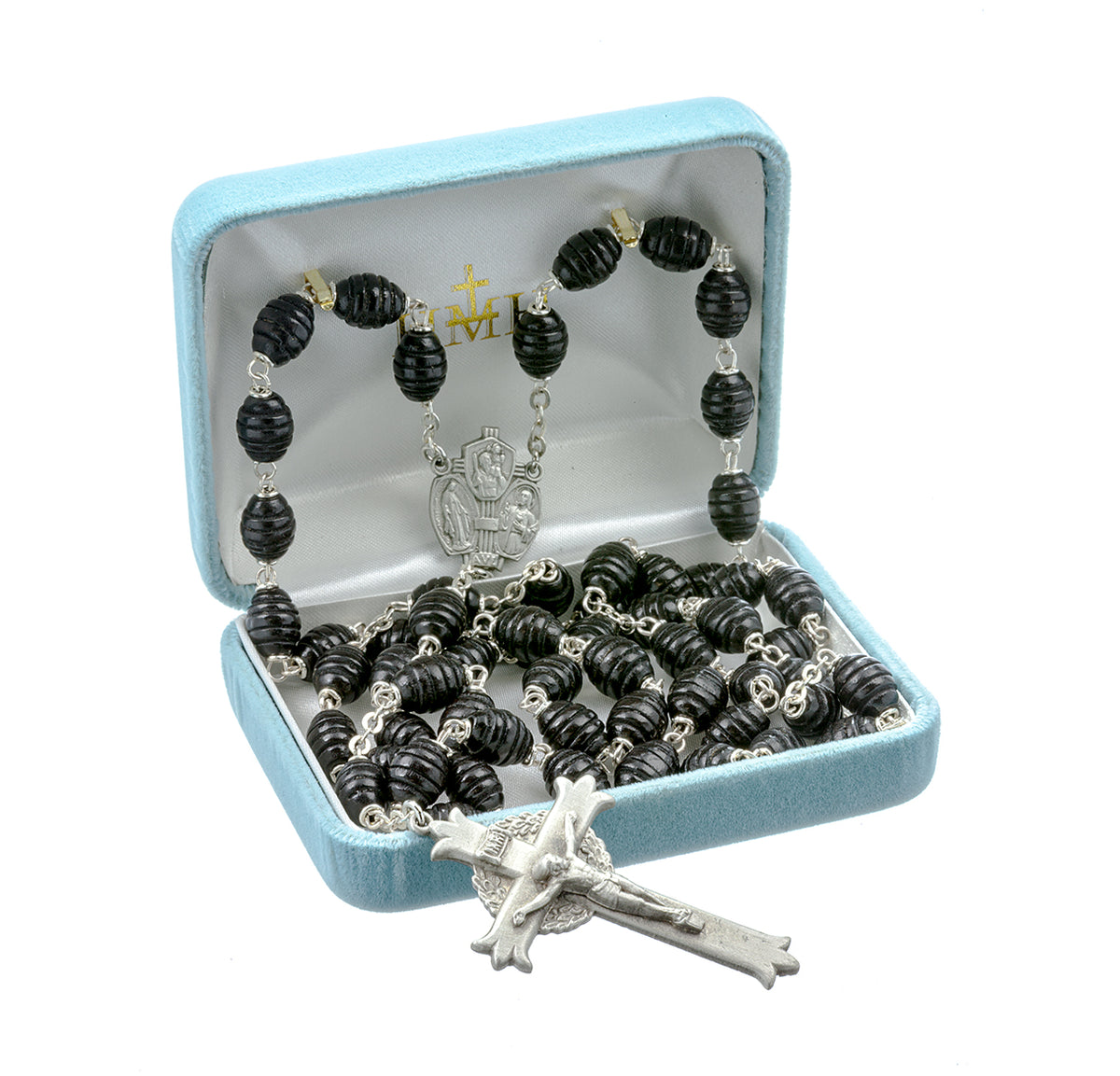 Black Beehive Boxwood Rosary, Pewter Crucifix and Center