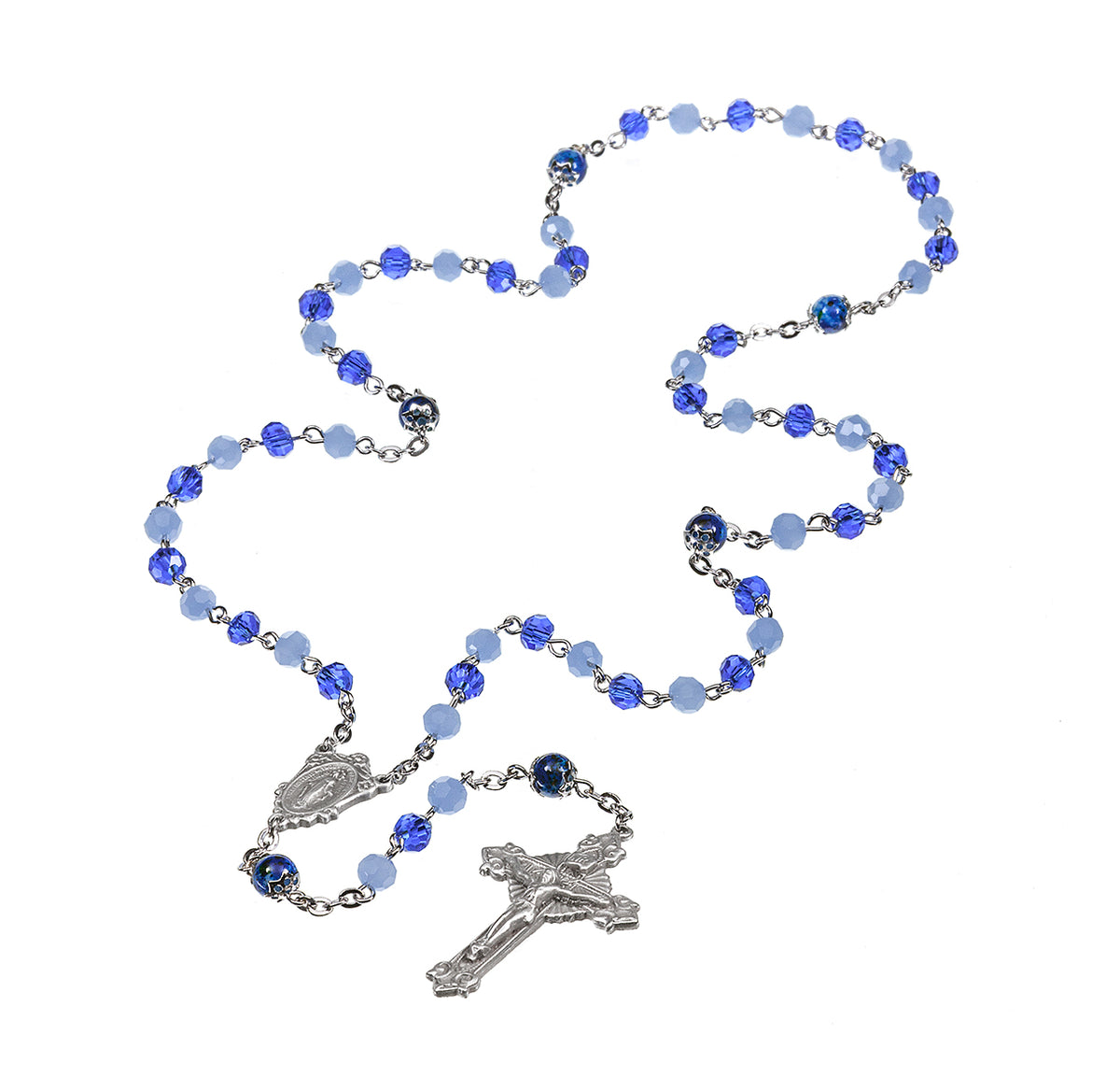 Blue Opal Faceted Glass Bead Rosary, Pewter Crucifix and Center