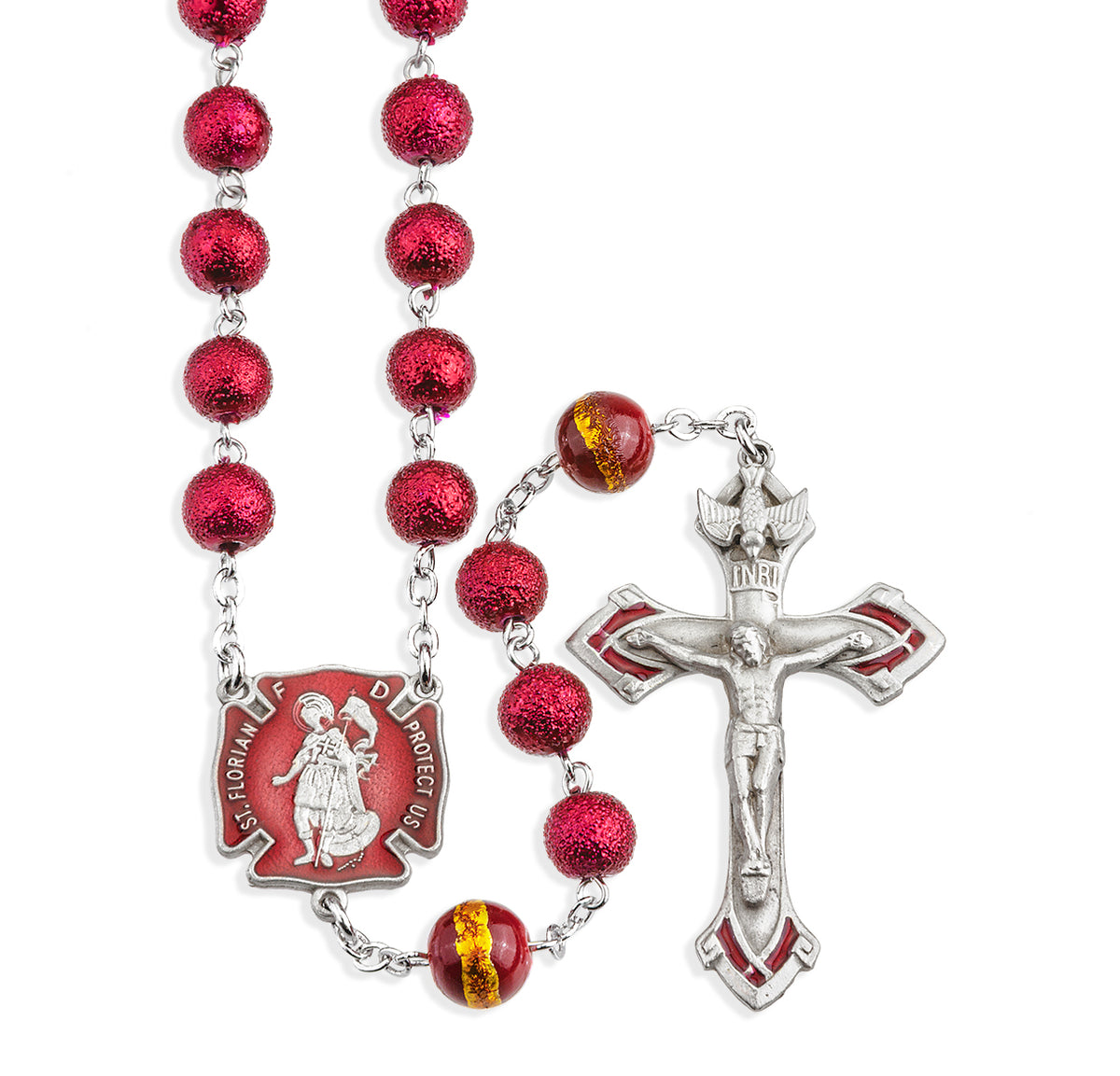 Saint Florian Firefighter Rosary, 6mm Red Lava Beads, Pewter Crucifix and Center