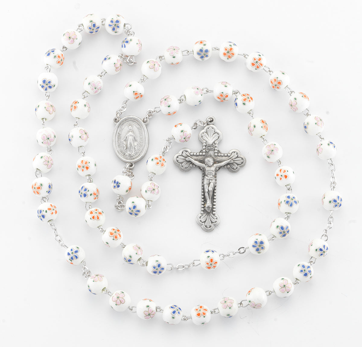 White and Orange Glass Flower Bead Rosary, Pewter Crucifix and Center